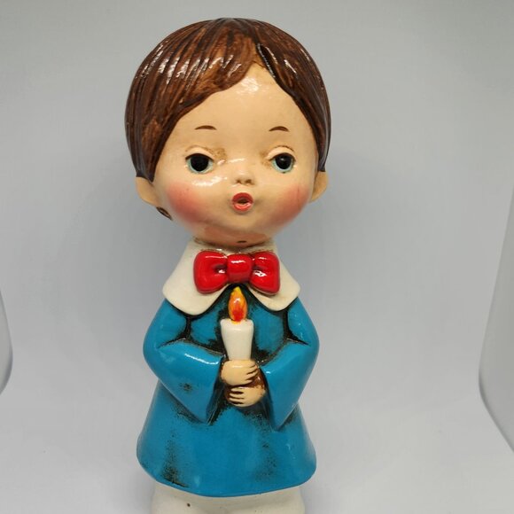 Vintage Christmas Chalk Ware Caroler Blue Smock Made in Japan New in Box - Picture 1 of 7